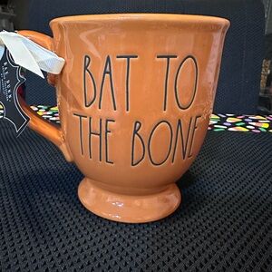 NWT RARE RAE DUNN HALLOWEEN “BAT TO THE BONE” DOUBLE SIDED MUG WITH BAT CHARM 🦇